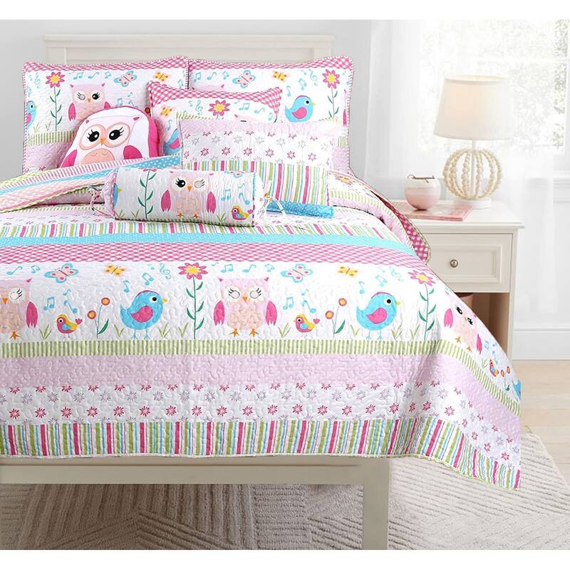 Cozy Line Spring Time Birds Owl Floral Pink Quilt Bedding Set with Throw Pillows