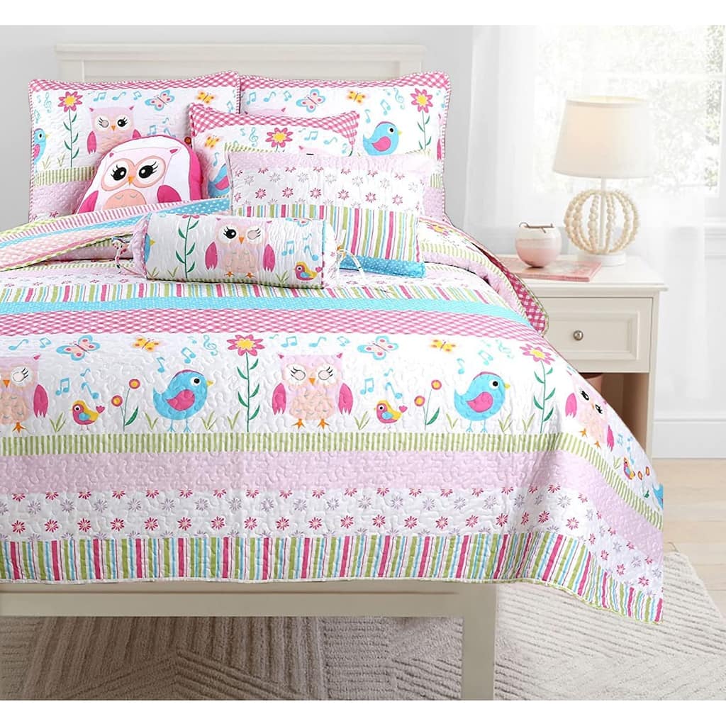 Cozy Line Spring Time Birds Owl Floral Pink Quilt Bedding Set with Throw Pillows