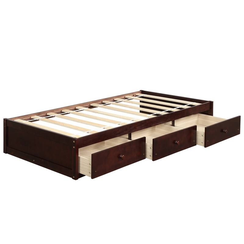 Black Pine Wood Twin Platform Bed with 3 Drawers, Sturdy Frame, Plywood Slats, and MDF Support - Space-Saving Storage Solution