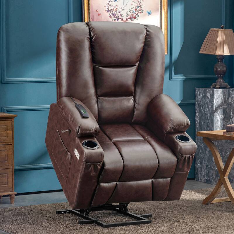 MCombo Power Lift Recliner Chair with Massage and Heat for Elderly, Extended Footrest, USB Ports, Faux Leather(Medium) - Dark Brown