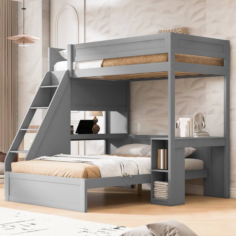 Roomfitters Twin XL Over Full Bunk Bed with Built-In Desk, USB Port and Shelves