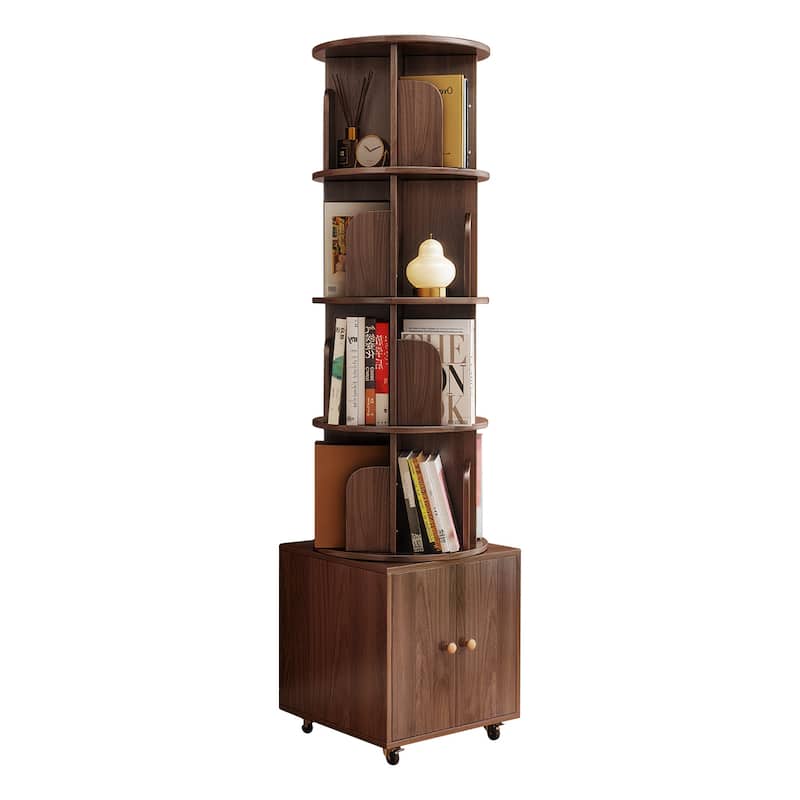 360 Degree Display 5 Tier Corner Bookshelf with Drawer, Floor Standing Bookcase Storage Rack, Wood Narrow Book Shelf Organizer