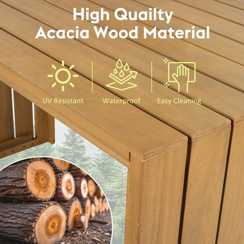 5 Piece Outdoor Bar Set, Patio Acacia Wood Bar Height Table & Four Stools with Cushions, Wood Dining Bar Set