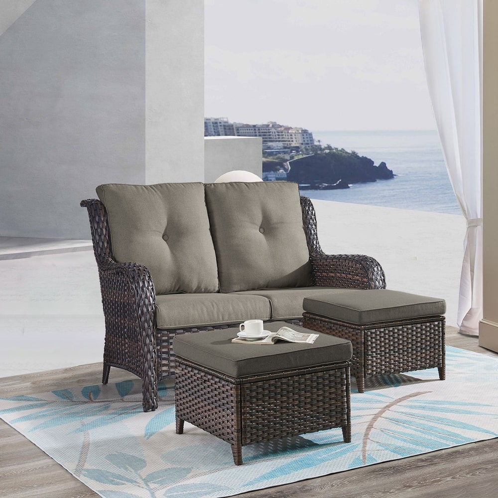 Gymojoy 3-Piece Outdoor Wicker Patio Furniture with Loveseat, Rattan Coversation Set with Water Resistant Thick Cushions