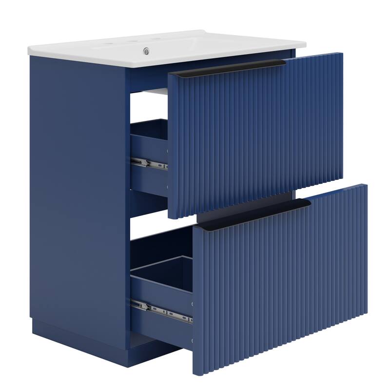 Vertical Grooves Bathroom Cabinet Storage Vanity with Ceramic Sink, Full-Extension Split Drawers and Soft Close Drawer Slides