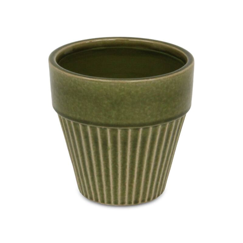 Corseta Tapered Lined Pattern Ceramic Pot - Olive Green