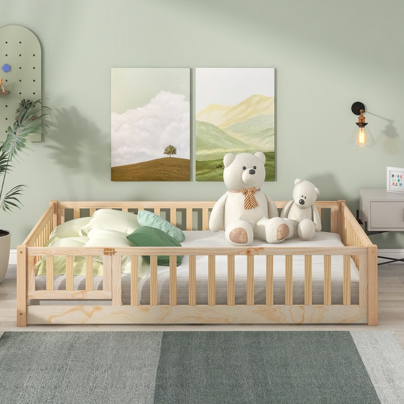 Full size Floor Platform Bed with Fence and Door