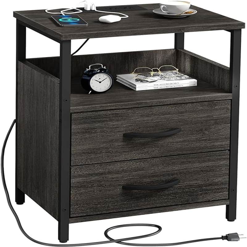 Nightstand with Charging Station - Grey