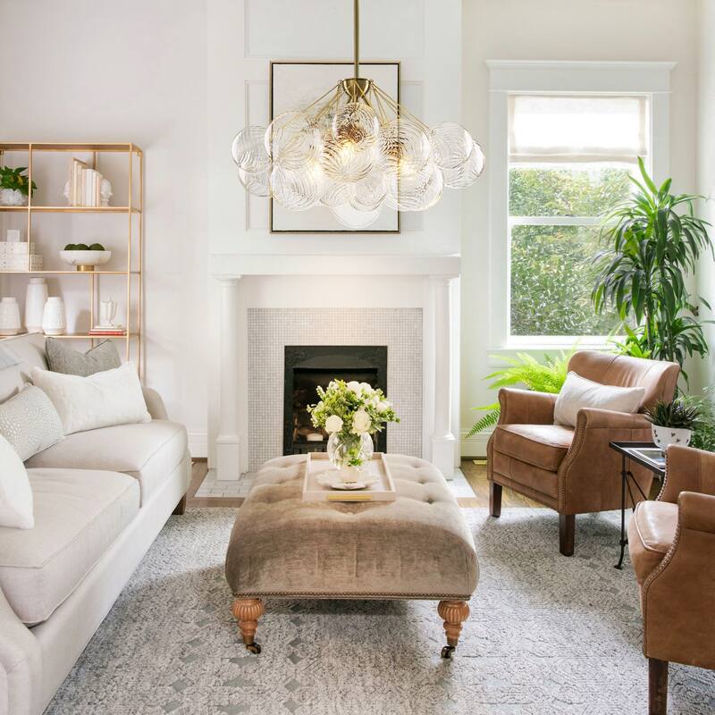 3-Light Contemporary Textured Brass & Bubble Glass Chandelier for Dining Room - 3 Light