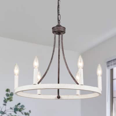 6-Light Farmhouse Candle Circle Hanging Wagon Wheel Chandelier Lighting for Kitchen Island