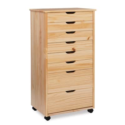 40” Natural Brown Rolling Storage Cabinet with 8 Drawer