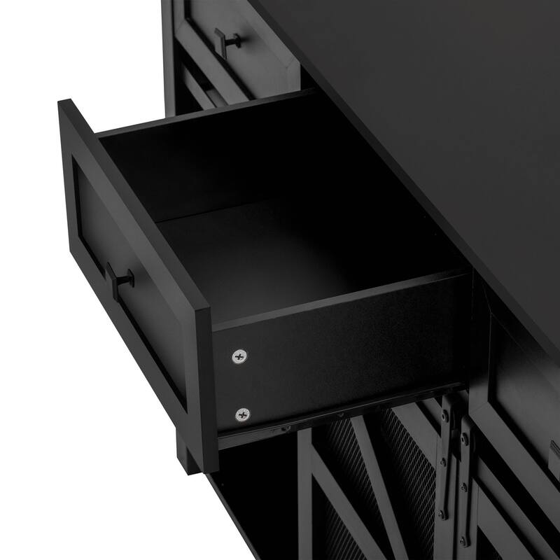 55'' Sliding Barn Door Sideboard with 3 Drawers, Particle Board & Metal Mesh Storage Cabinet