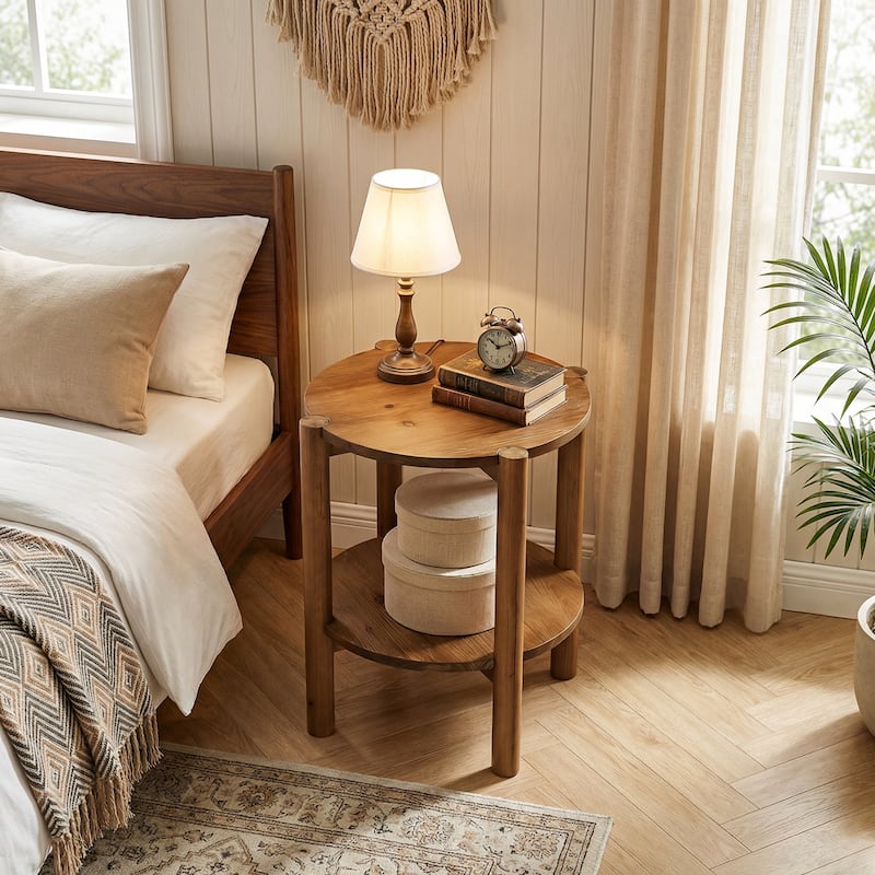 Solid Wood Round End Tables for Living Room, Farmhouse 2-tier Side Table - 19.69" D x 19.69" W x 23.62" H