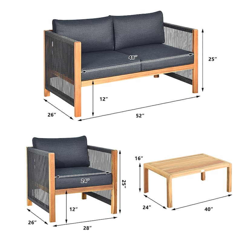 Costway 8PCS Wooden Patio Furniture Set Cushioned Sofa W/Rope Armrest