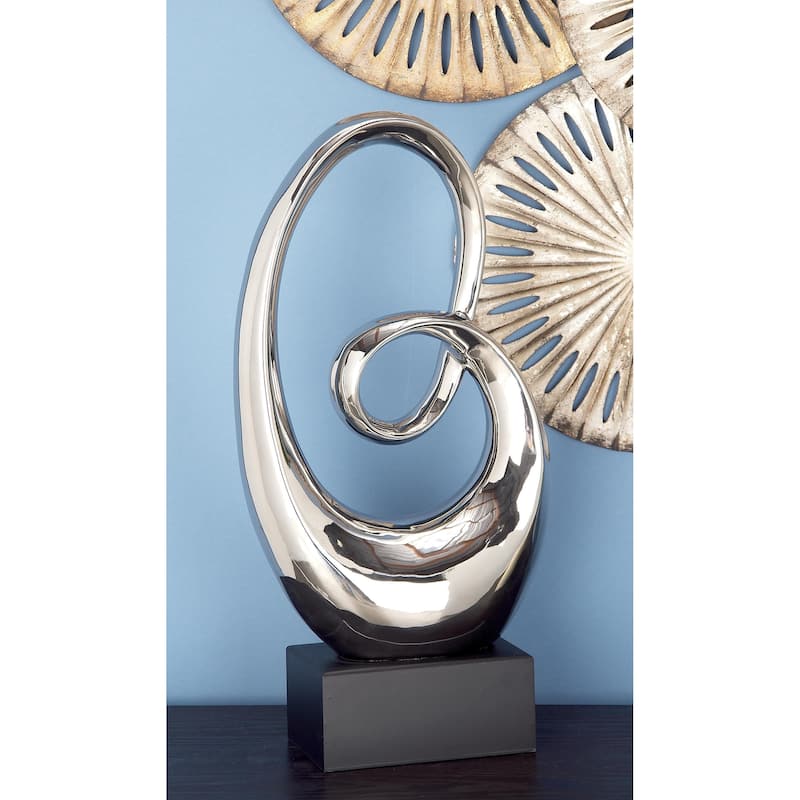 Ceramic Abstract Swirl Decorative Sculpture with Black Wooden Base - Silver or White - Roche River Decor