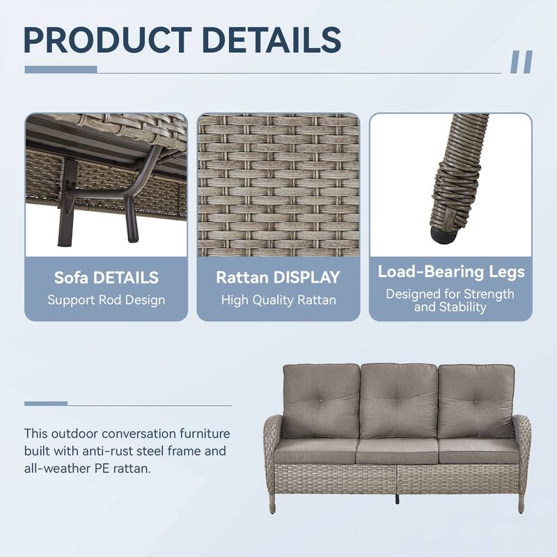 Gymojoy 3-Seat Outdoor Wicker Sofa with Professional Outdoor Cushions