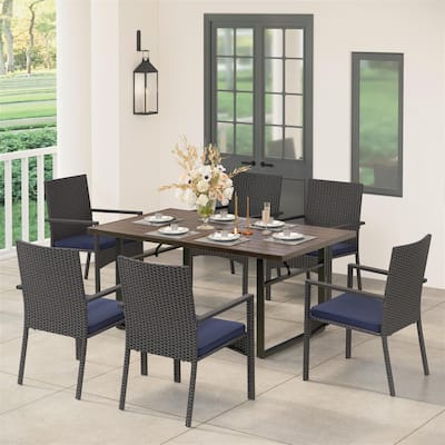 MAISON ARTS 7-Piece Patio Dining Set Printed Wood-grain Table & Rattan Dining Chairs
