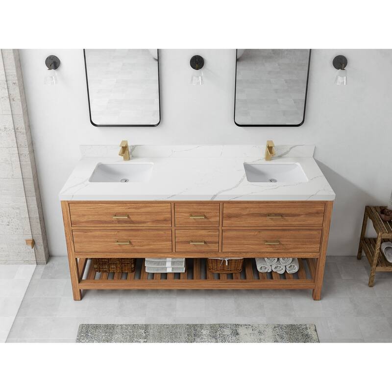 Willow Collections 72 in. W x 22 in. D Parker Solid Teak Double Sink Bathroom Vanity with Countertop - 2"Calacatta Laza - Golden Teak