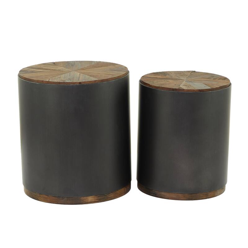 Metal Side End Accent Table with Brown Wood Top - Set of 2 Black - Roche River Decor - Black