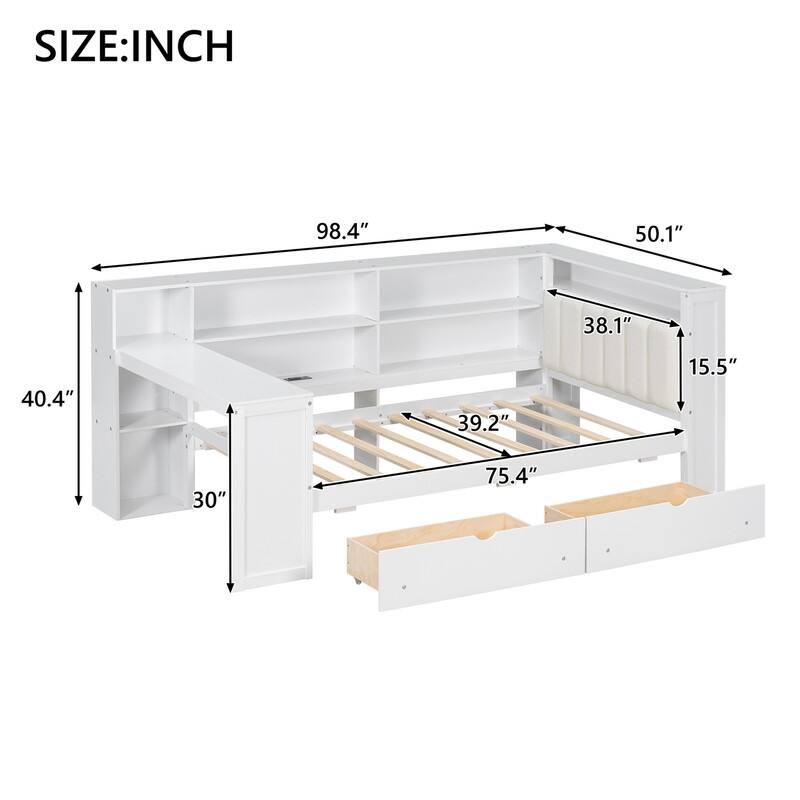 Twin/Full Size Daybed with LED Light, Side Desk and 2 Drawers, Wooden Sofa Bed with Storage Shelves and Upholstered Headboard