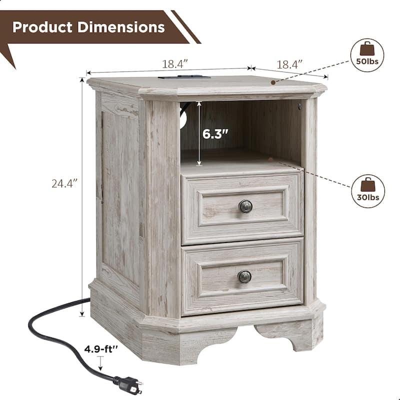Farmhouse Nightstand with Charging Station, Bedside Table for Bedroom
