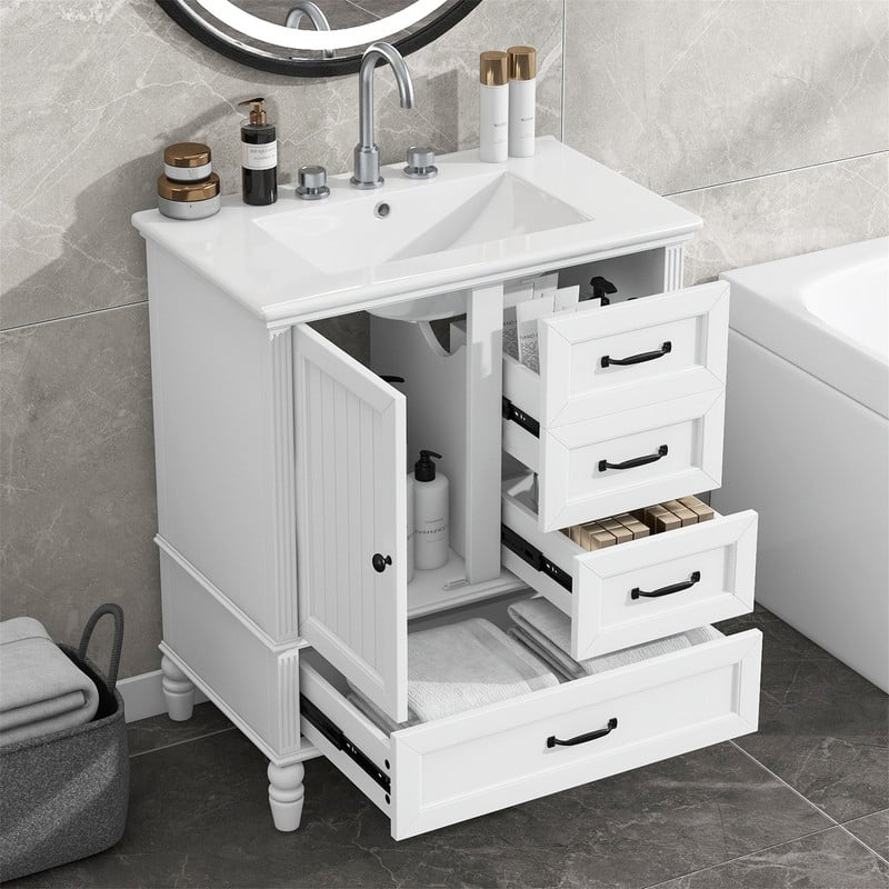 30" Bathroom Vanity with Ceramic Sink Combo, Freestanding Bathroom Vanity Cabinet with 1 Door and 3 Storage Drawers