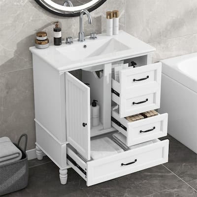30" Bathroom Vanity with Ceramic Sink Top, Modern Bathroom Storage Cabinet with 1 Door, 3 Drawers and Solid Wood Legs