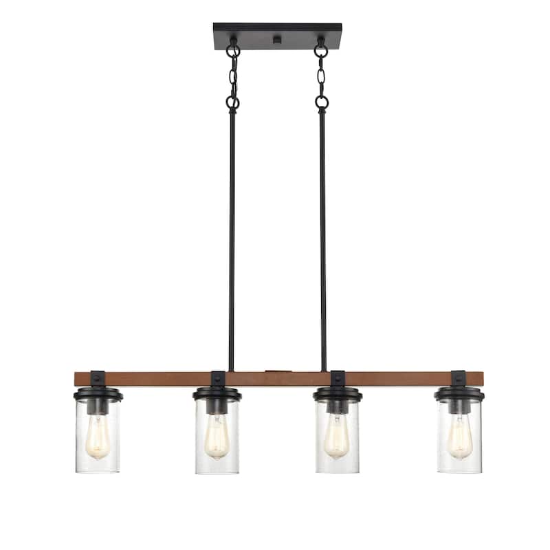 Millennium Lighting Taos 4 Light Metal Island Fixture in Matte Black/Wood Grain with Seeded Glass Shades - Matte Black, Wood Grain
