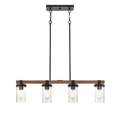 Millennium Lighting Taos 4 Light Metal Island Fixture in Matte Black/Wood Grain with Seeded Glass Shades