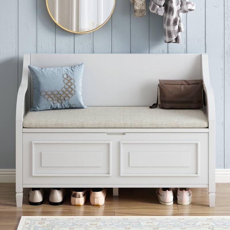 Rustic Style Solid wood Entryway Multifunctional Storage Bench with Safety Hinge - White