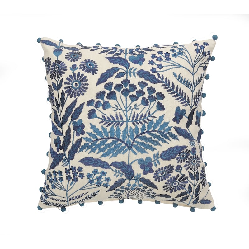 Sevita Dyna Bohemian Floral White/Navy Embroidered Throw Pillow - Polyester