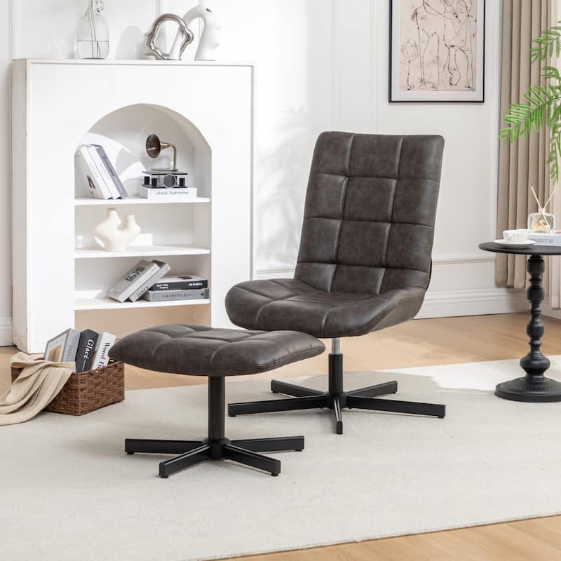 2-Piece Seating Set, Faux Leather Tufted Accent Chair and Ottoman - Brown