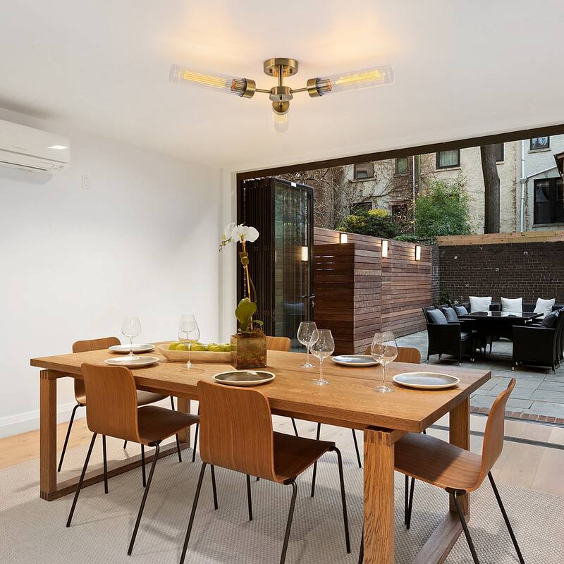 Modern Industrial 3-Light Clear Ribbed Glass Flush Mount Ceiling Light - Gold