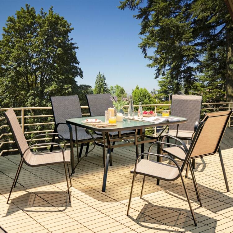 6 Pieces Patio Stackable Dining Chairs with Curved Armrests and Breathable Fabric - 25.5" x 21" x 36.5" (L x W x H)