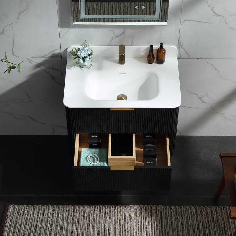 Modland Fluted Floating Vanity with Sink, Plywood Wall Mount Cabinet, Curved Edge, 24/30/36 Inch