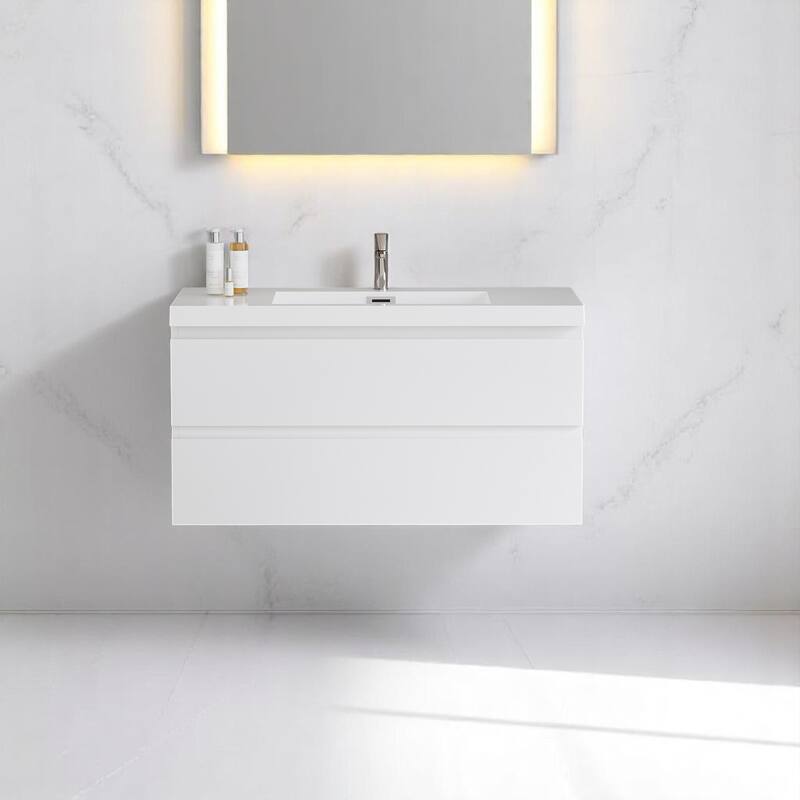 42" Floating Bathroom Vanity with Sink, Wall-Mounted Modern Storage Cabinet, Resin Countertop, Soft Close Drawers - White