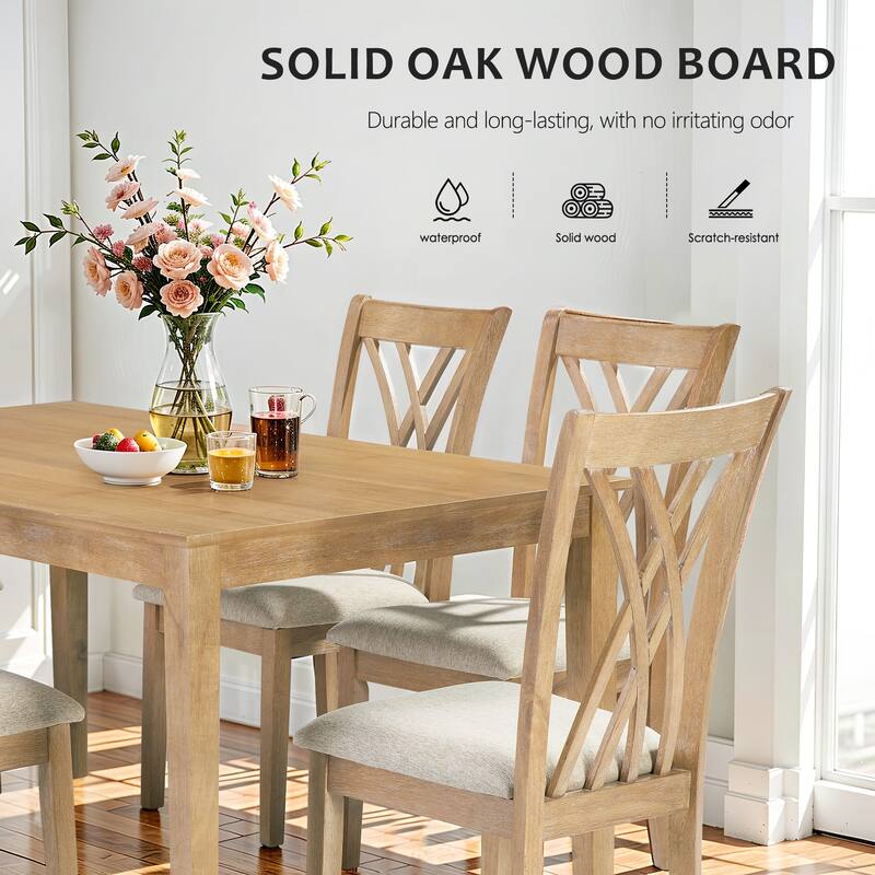 Wood Dining Table Set Kitchen Table Set with 4 Cross Backrest Chairs, Anti-Slip Footpads, Scratch-resistant