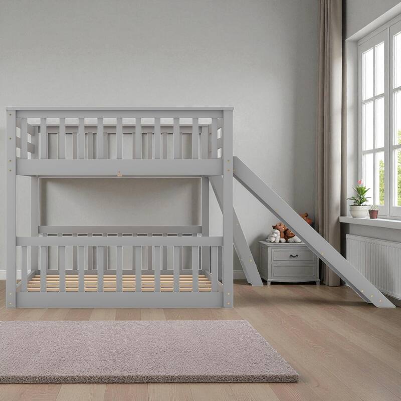 Twin Over Twin / Full Over Full Wooden Bunk Bed with Convertible Slide and Ladder, Guardrails, No Box Spring Needed
