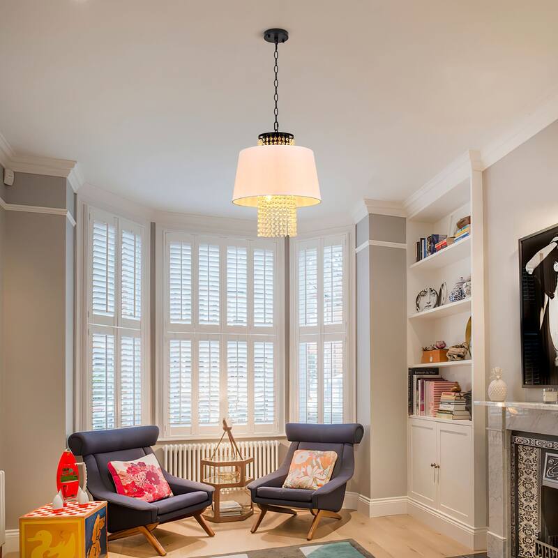 Contemporary 3 - Light Chandelier, White Fabric Shade and Crystal Drops, Black Chain - Matte Black