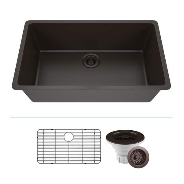 slide 2 of 10, Lexicon Drop-In Quartz 32 Inch Single Bowl Kitchen Sink Kit - 32"x19" Galaxy Mocha