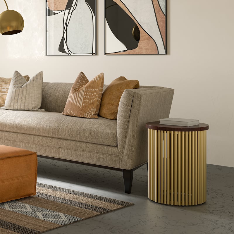 WYNDENHALL Karl 18 inch Wide Solid Mango & Metal Industrial Accent Table - 18 W x 18 D x 21 H - Cognac and Gold - Wood and Metal