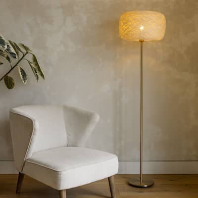 Brightech Rowan 66 in. Antique Brass Mid-Century Modern LED Super Bright Floor Lamp with Beige Twine Drum Shade