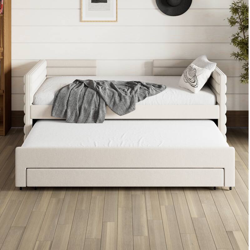 Twin Size Upholstered Daybed with Trundle and 3 Storage Drawers, Fabric Sofa Bed for Guest Room, Living Room