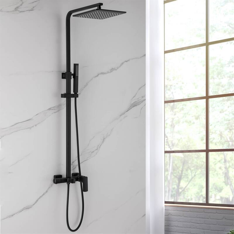 Wall Mount Shower Faucet With Tub Spout Matte Black Exposed Pipe Shower System With 10 inch Shower Head with Handheld And Valve