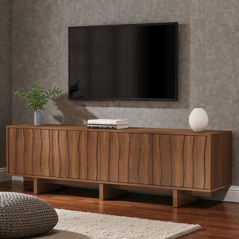 Retro Wood Grain TV Stand with Wavy Doors, Rustic Media Console for TVs up to 75", Storage Cabinet
