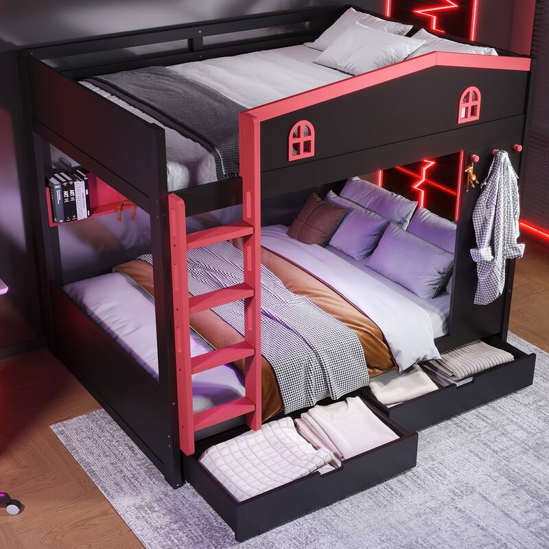 Queen over Queen Bunk Bed Rustic House Bunk Bed with Hooks Storage Shelves, Solid Wood Under-bed Storage Drawers or Trundle