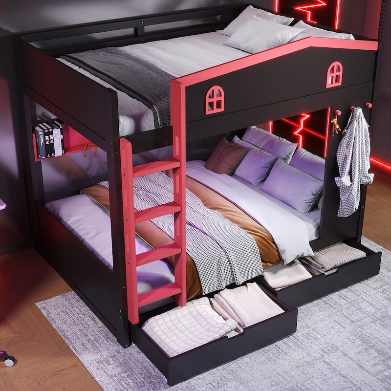 Queen over Queen Bunk Bed with Storage Drawers, Shelves & Hooks