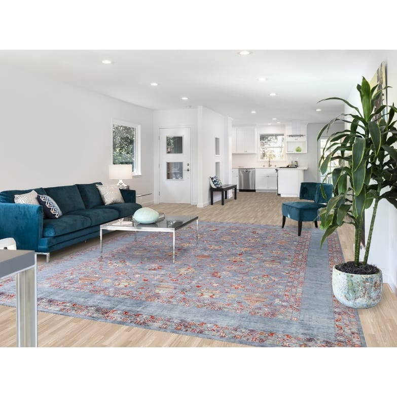 Hand Knotted Oriental 100% Wool Carpet Modern All-Over Navy Blue & Blues Art & Craft Area Rug - 12' 2'' X 8' 9''