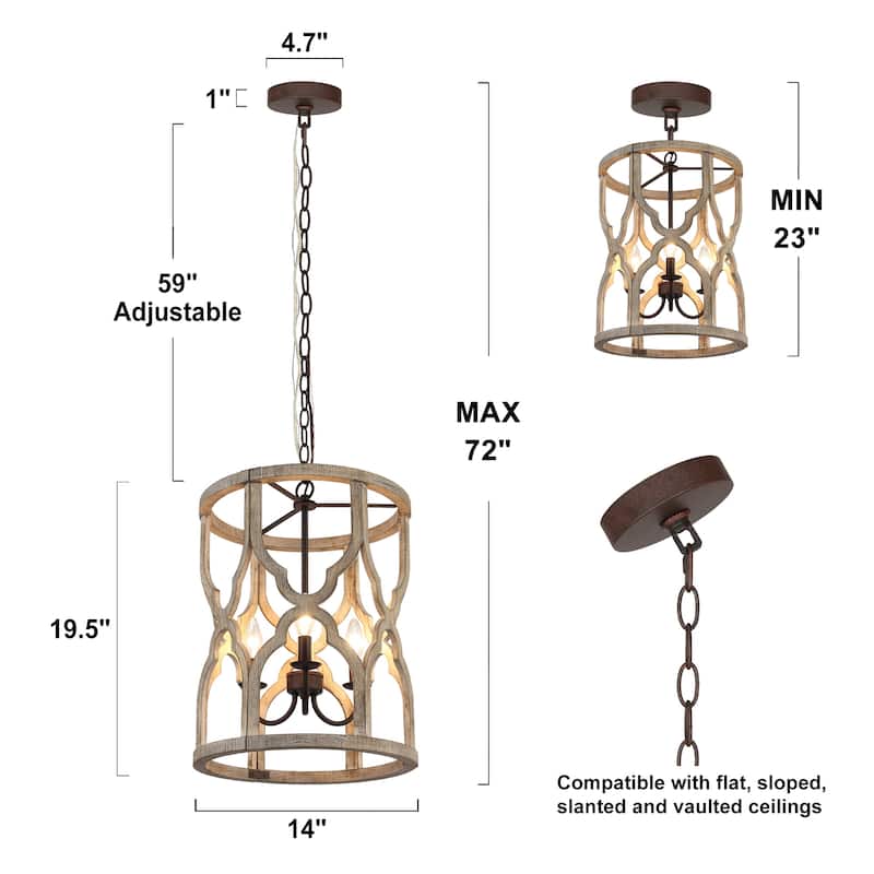 Modern Farmhouse Distressed Wood 3-Light Cage Lantern Foyer Chandelier for Dining Room - Antique wood dots