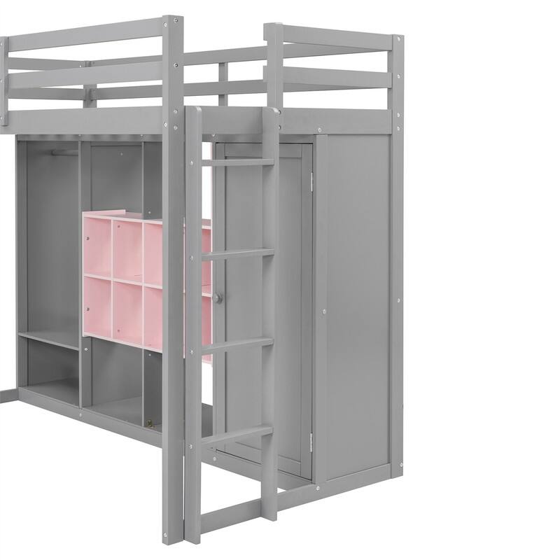 Twin/Full Size Loft Bed with Wardrobe and Cabinet, Wooden Loft Bedframe with Storage Shelves, Ladder and Guardrail for Kids